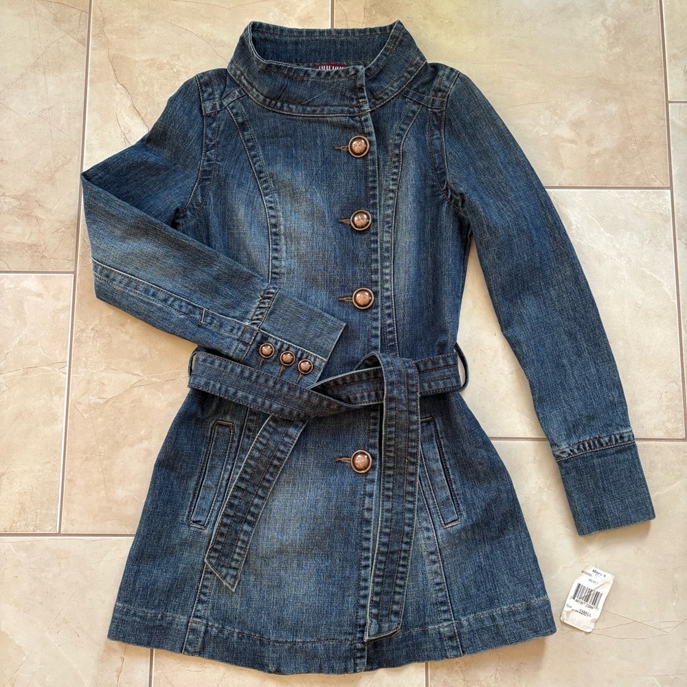 Authentic Y2K Denim Trench Coat, Belted Jacket, XS JouJou Vintage Style NWT